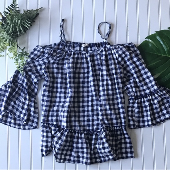 Caution To The Wind Tops - Gingham off should ruffle top blue white